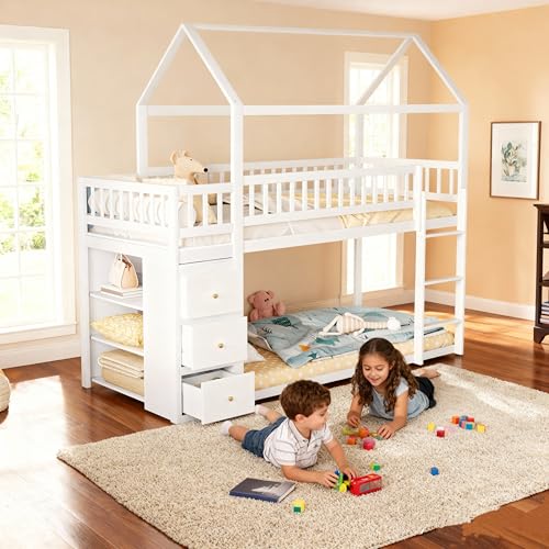Yihomfy Etagenbett 90x200 cm Für 2 Kinder,Kinderbett Hochbett mit Treppe und Aufbewahrungsschrank,Hochbett Holzbett, Kinderhochbett Jugendhochbett,Massivholz,Ohne Matratze,3. bis 16.Lebensjahr Weiß