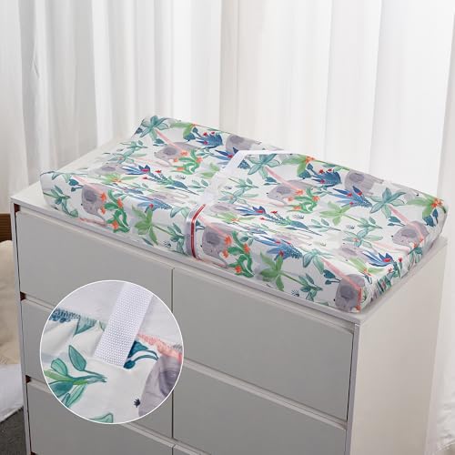 Image of Baby Changing Pad Cover, Changing Table Cover for Girls Boys, Ultra Soft Breathable, 2 Pack Rainforest Elephant & Grey