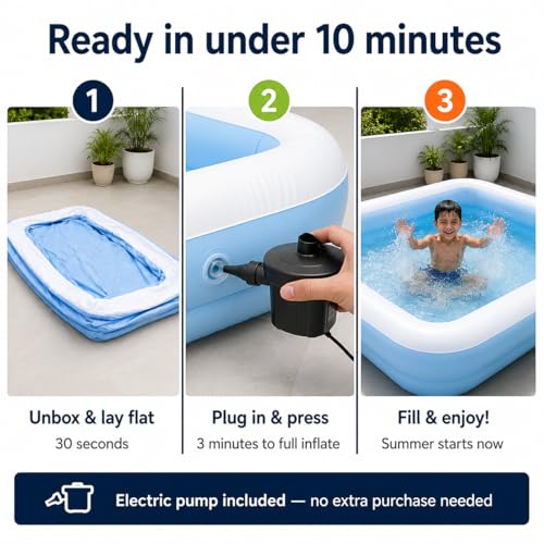 Image of CHICKMAMA Inflatable Kids Swimming Pool with Electric Pump | 5.5 Feet Bath Tub for 5 to 10 Years Kids | Quick Setup Portable Pool for Boys & Girls Age 3-10 | Family Swimming Pool Big Size