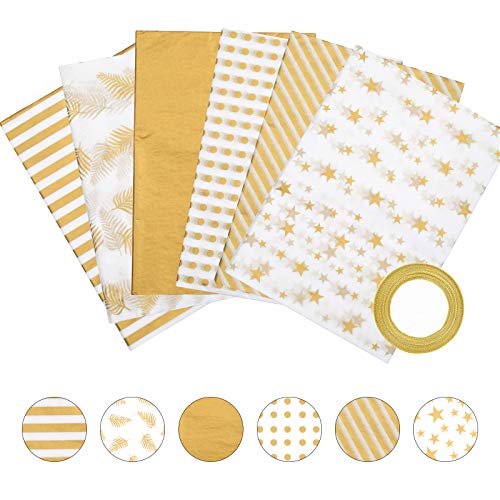 LAITER 60 hojas de Papel de Embalaje para Regalo de Pulpa de Madera Pura Metálico Dorado un Rollo de Cinta de Plata y Oro para Decoracion Ramo Fiesta de Cumpleaños Manualidades Bricolaje Bodas Navidad