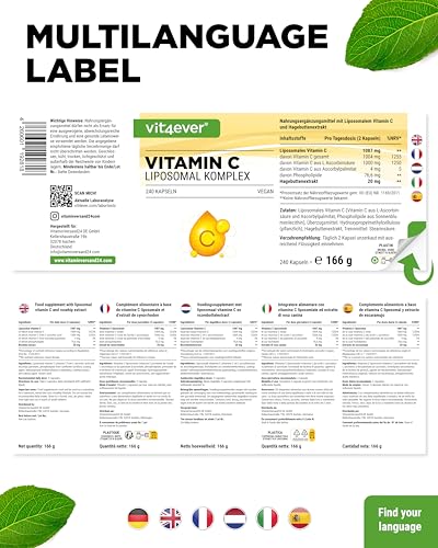 vit4ever Liposomales Vitamin C - 240 vegane Kapseln - Premium: Hochdosiert mit 1000mg reinem Vitamin C pro Tag - Besonders hohe Bioverfügbarkeit
