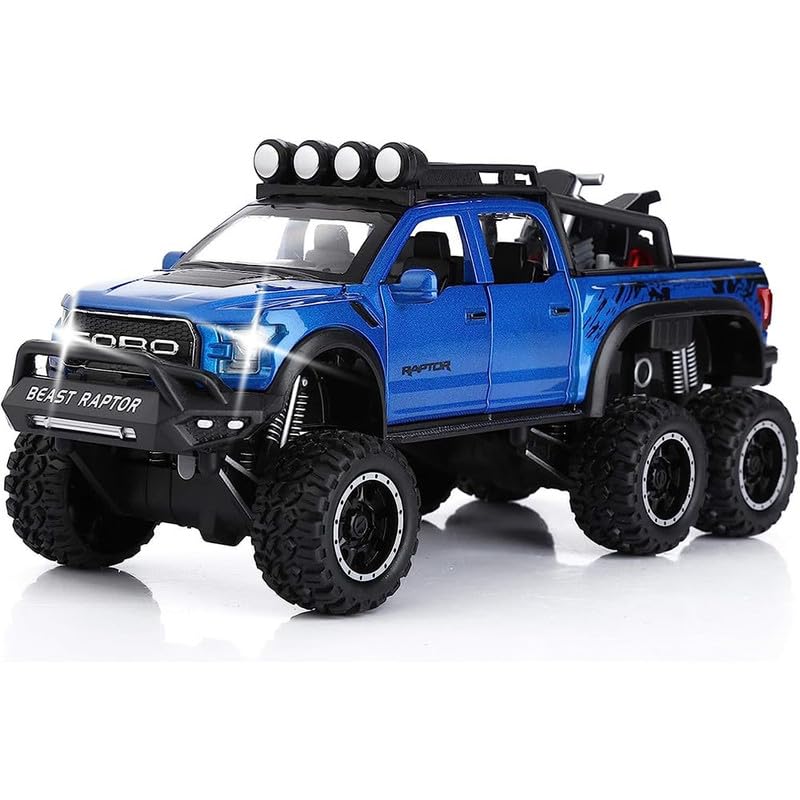 Image of Kids Model 1:24 Raptor F150 Die Cast Metal Car Pull Back Action Opening Doors with Realistic Engine Sound Lights Toy Car Gift for Boys - Blue