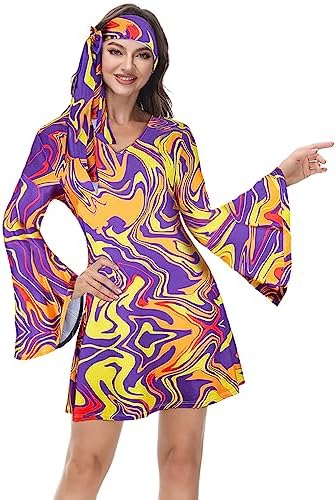 open lace back dress Lehauya Disco Outfit Women Retro Hippie Disco Dress 70s Disco Costumes for  Women Floral Disco Gogo Dress Yellow Purple Medium: Buy Online at Best  Price in UAE