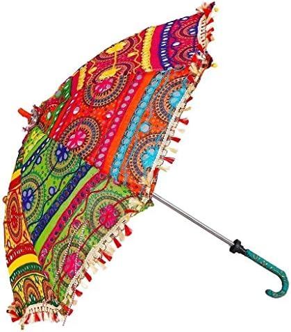 HULEX Yellow line Indian Handmade 7 Pcs Lot Cotton Fabric Mirror Work Vintage Parasols Wedding Umbrella Outdoor Decorations Handmade Embroidery Ethnic Umbrella Parasol Useful for Party Decoration, Home Decor, Pre Wedding-(7 PCS)