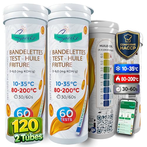 (CHAUD|FROID) 120 Testeurs Huile Friteuse Pro - 2 tubes - 30 sec. - APP Mobile de suivi HACCP|PMS - Languettes|Bandelettes de Test Huile Friture - Mesure FFA KOH - Site industriel ISO 9001 & 13485