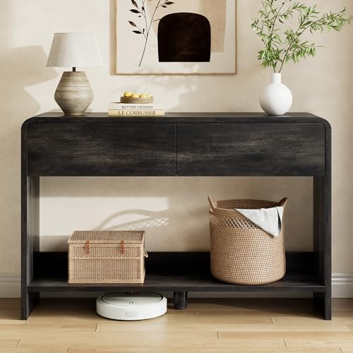 Image of AMERLIFE 45 inch Modern Console Table with 2 Storage Drawers and Open Shelf, Wooden Entryway Table with Curved Edges, Sofa Table Behind Couch for Hallway, Foyer, Entrance, Living Room, Black