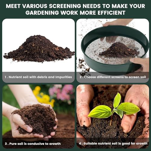 OROMYO 4 in 1 Gartensieb Rund 30 cm Kompostsieb Edelstahl mit 4 Austauschbaren Siebeinsätzen und Gartenschaufel Gartensieb Durchwurfsieb für Erde Kompost Saatgut Sand