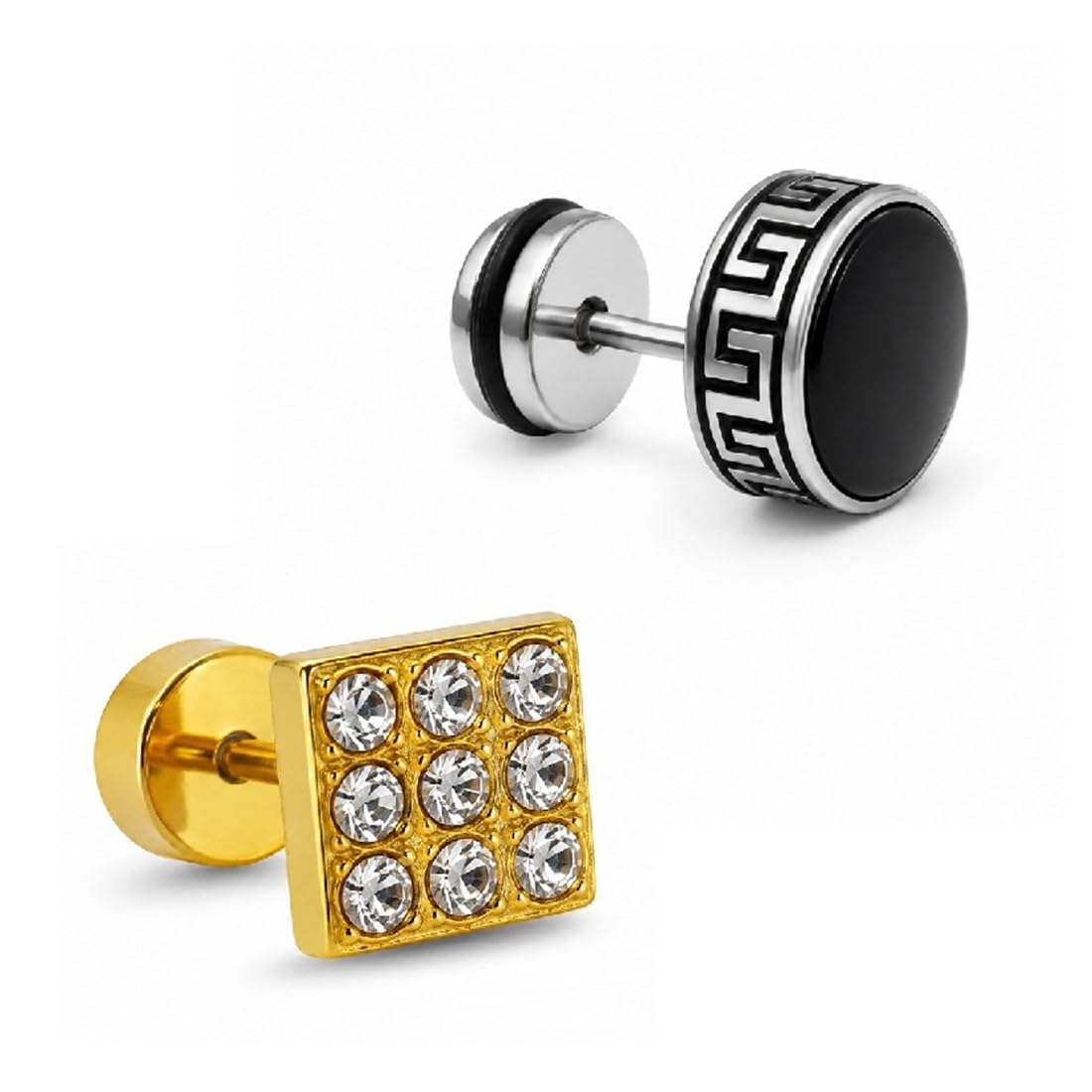 adhvik Combo of Men Golden Square Crystal & Silver Round Black Ear Earrings & Studs Stylish Daily Wear Party Look-picture-30