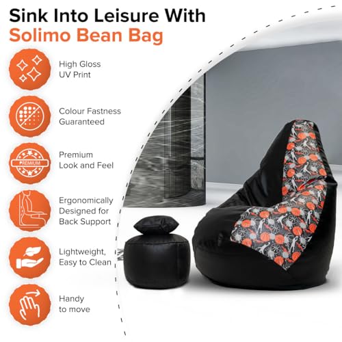 Image of Amazon Brand - Solimo Premium Faux Leather Bean Bag Combo with Footrest & Cushion, Filled with Beans | Capacity: Upto 6 Ft 3 in Height, 120 KG Weight | 3XL | Basketball Time | Black