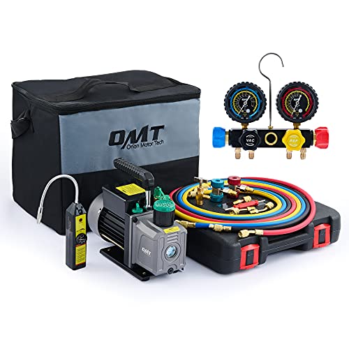 Orion Motor Tech AC Vacuum Pump with Gauges, 4.5cfm Vacuum Pump and 4 Way Manifold Gauge Set w Leak Detector for R134a, R22, or R410a Refrigerant, AC Gauges and Vacuum Pump