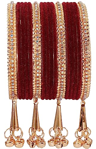 Image of NMII Metal with Zircon Gemstone and Velvet Studded Bells Latkan Bangles Set For Girls and Women I Latkan Bangles, Premium Bangle Bracelet Set I Pack of 16 Bangles