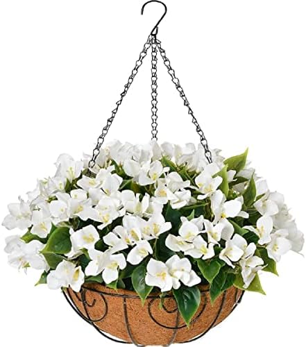 Artificial Flowers Hanging Basket, Fake Hanging Plant Silk Bougainvillea Flowers, Faux Flower Arrangement for Outdoor Indoor Garden Yard Porch Patio Indoor Home Decoration (White)