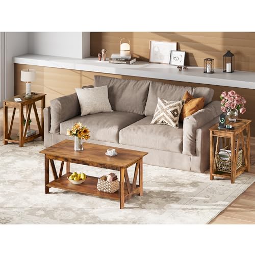 Image of WLIVE End Tables Living Room Set of 2 with Charging Station, Sofa Side Tables with Open Storage Shelf, Slim Farmhouse End Table Sets, Greige