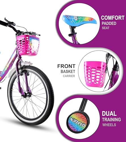 Image of OXYGEN Trio 20T Kids Bicycle for Boys & Girls 5-10 Years, 20 Inch Single Speed Cycle with Training Wheels, Basket, Rear Carrier, High Tensile Steel Frame, Front & Rear Brakes, Purple, Semi-Assembled