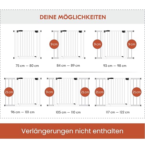 hauck Clear Step 2, Weiß - Kinderschutzgitter Hundegitter, Verstellbare Breite 75-80 cm, 77 cm Hoch, Flacher Einstieg, Einhand Öffnung, ohne Bohren, für Innen
