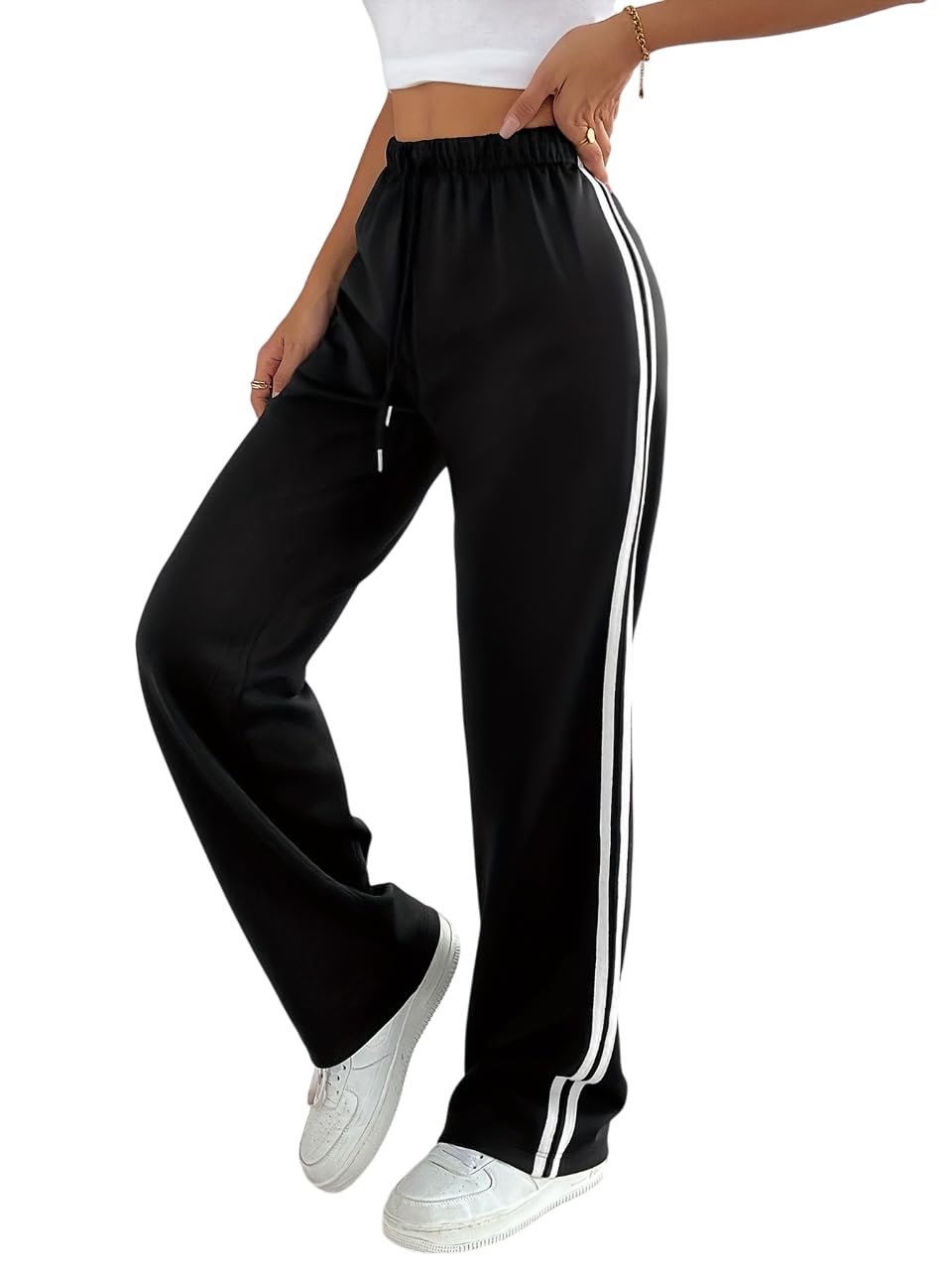 dockstreet Womens Open Bottom Wide Legged Two Striped Black and White .OPEN1911H-TWOstripeOPENBlackWomenJOGR28-picture-40