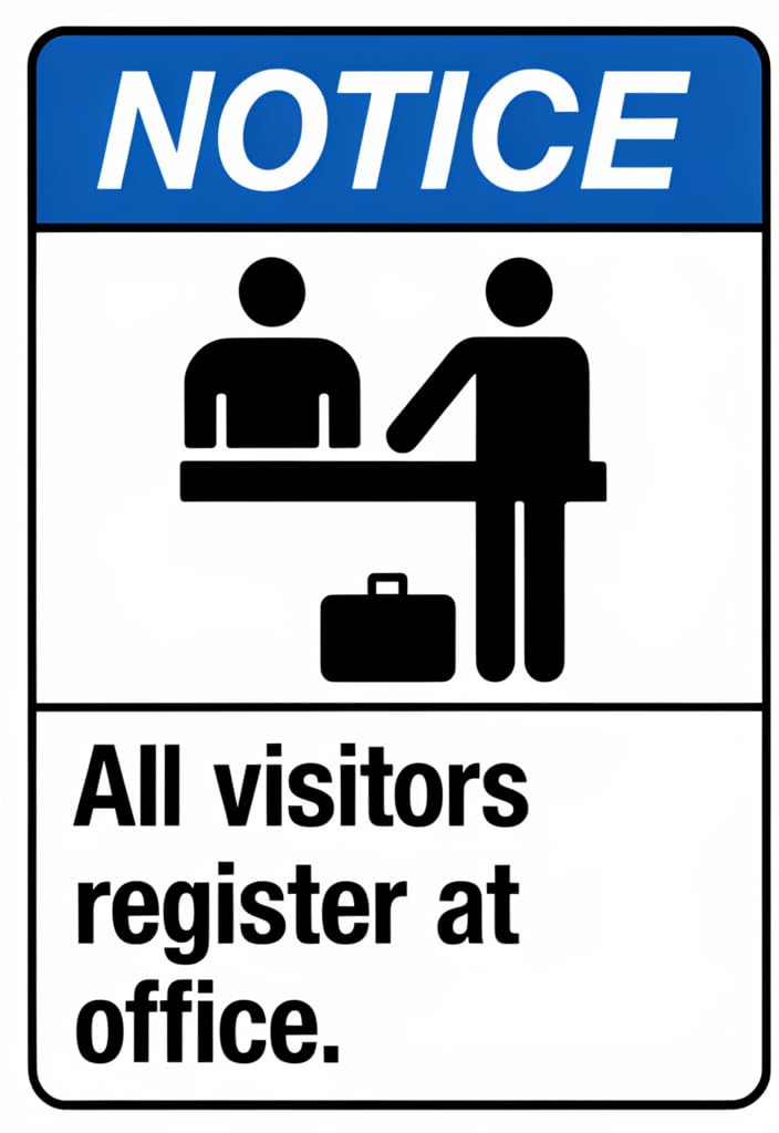 peiyeety NOTICE All Visitors Register at Office Tin Sign 12x8 Inch – Bold Blue/White Visitor Check-In Metal Wall Plaque for Business Entrance, Reception, Warehouse, School, Office Decor