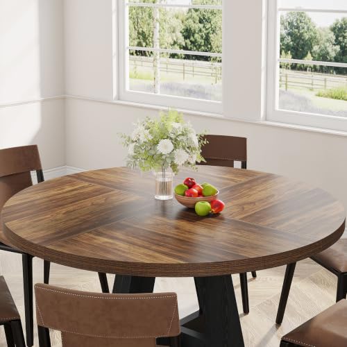 Image of Tribesigns 47 inch Round Dining Table Wood Kitchen Table for Dining Room, 47 inch Dinner Room Tables for 4-6, Farmhouse Accent Furniture with Wooden Tabletop and Cross Base, Rustic+Black