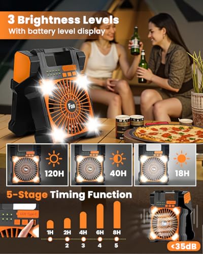 Image of HASTHIP Rechargeable Fan for Home 5200mAh Solar Powered & 90 Foldable LED Camping Fan Battery Fan Rechargeable Big Size with Dual USB Interfaces, 5 Airflow Speeds & Dimmable Light with Handle & Hook