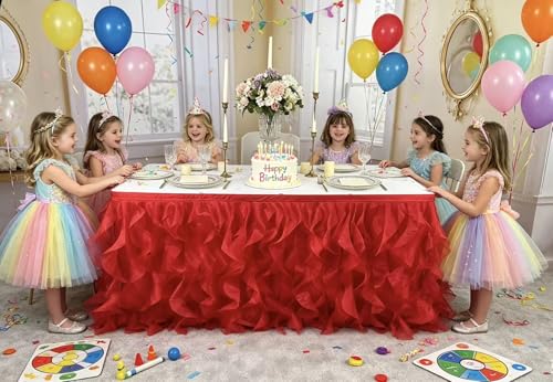 Image of Luxury Organza Mesh Table Skirt Draping Floating Romance - Perfect for Bridal Showers, Birthday Weddings - Clear Flowing Decoration for a Wonderful Main Cake Table (Red-6ft, 72 inch Lx30 H)