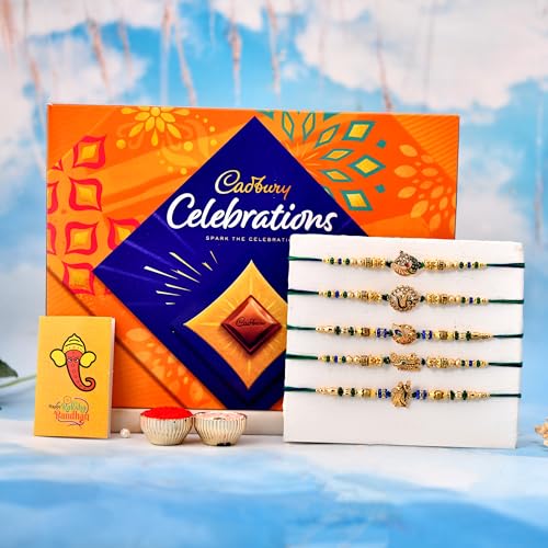 Image of Craftvatiaka Rakhi Gift for Brother - Set of 5 Designer Rakhis with Greeting Card, Chocolate Gift Pack and Tilak Set - Raksha Bandhan Combo for Men /Boys