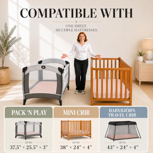 Image of Organic Travel Crib Fitted Sheets Compatible with 4moms Breeze Plus Playard,Baby Bjorn Travel Crib, Graco, Mini Crib 1 Pack Pure Turkish Cotton 38x26 Playard Bedding, Cover Boy, Girl