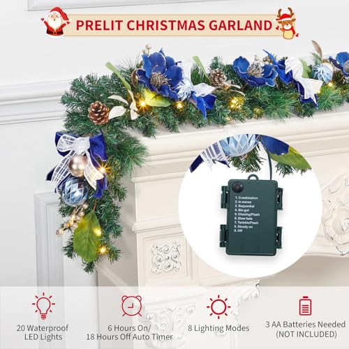 GarveeHome 6ft Christmas Garland with Lights for Mantle, Prelit Outdoor Xmas Garland with 20 LED Lights Timer Blue Ball Ornaments, Battery Operated, for Fireplace Stair Railing Indoor Holiday Decor