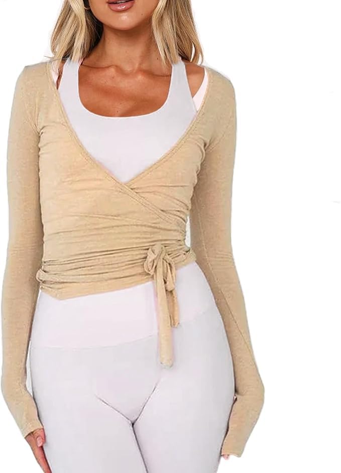 Image of Womens Slim Fit Tie Front Open Front Wrap Long Sleeve T Shirt Y2K Ballet Going Out Cardigan Aesthetic Casual Tops