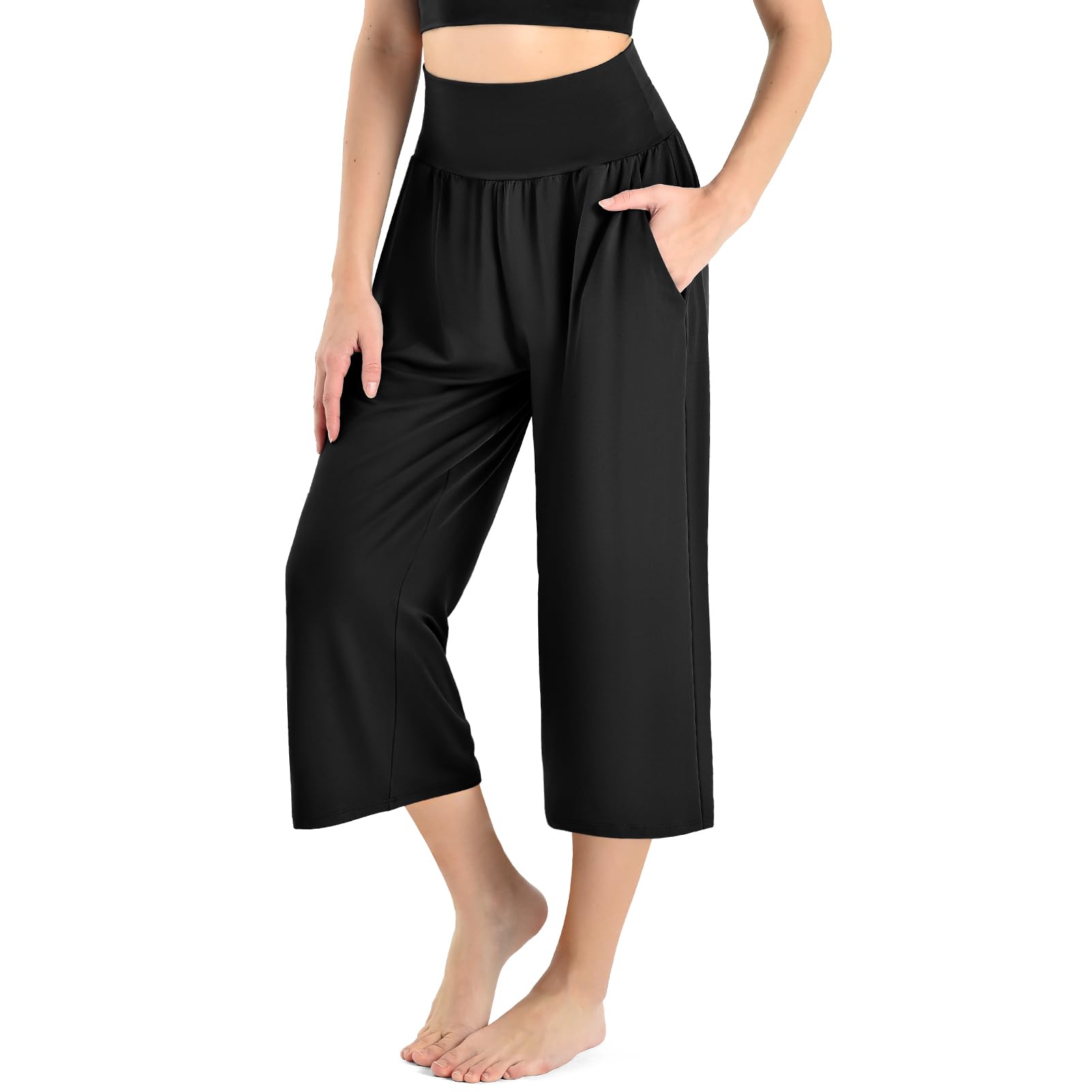 Ipletix Capri Pants for Women High Waisted Casual Wide Leg Yoga Pants with Pockets for Travel Gym Exercise