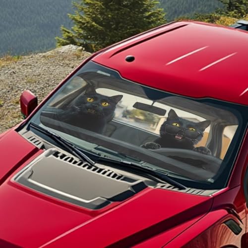 Image of Funny Black Cat Car Interior Accessories Sun Protection Easy to Install Automotive Windshield Sunshades Keep Cool UV Rays Protection for Most Sedan Truck Van