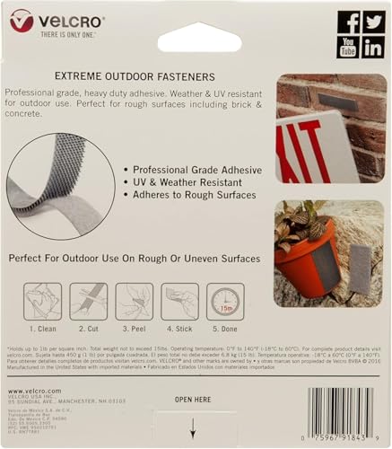 Image of VELCRO Brand Extreme Outdoor Heavy Duty Tape | 10Ft x 1 in | Holds 15 lbs-| Black with Stick on Adhesive-| Strong Weather Resistant Holding Power - 91843,(Pack of 12)