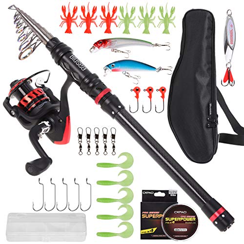 Lixada Combo de Caña de Pescar y Carrete Caña de Pesca Telescópica Fibra de Carbon con Señuelos de Pesca Jig Hooks Swivels