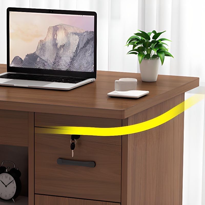 RUNNUP Wood Office Computer Desk with Locking Drawer, Contemporary Office Desk, Simple Writing Desk Home Office Furniture, Without Keyboard Tray, 47" L x 24" W x 30" H, Light Walnut Color