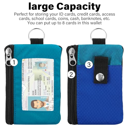 Image of Minimalist RFID Wallet with Lanyard, Multi-Functional ID Case with 2 Zipper Pockets and Key Chain for Men and Women, Tactical Badge Pouch Cards Holder, Coin Purse for Travel Sports - Blue