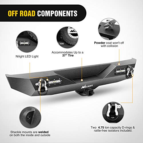 Image of Nilight Rear Bumper Compatible for 2018-2024 Jeep Wrangler JL Rock Crawler Bumper with Hitch Receiver & 2X Upgraded 18W LED Lights Off Road Textured Black