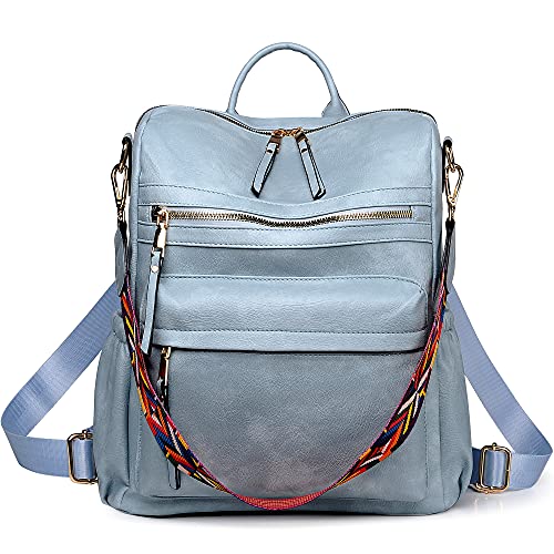 Image of Dora & Liz Women Backpack Purse, Fashion Leather Designer Ladies Rucksack, Convertible Travel Shoulder Bag with Colorful Strap, Blue, Medium