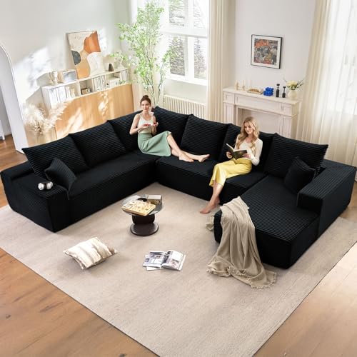 Image of Oversized Modular Sectional Sofa Couch, Large 6 Seater Corner Sofa Modern U Shaped Sectional Couch Cloud Couches for Living Room, Office, Spacious Space, Corduroy, No Assembly Required, Black