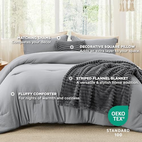 Image of Bedsure California King Comforter Set 5 Pieces - Bed in a Bag with Throw Blanket and Decorative Pillow, Lightweiget Bedding Comforter Sets, All Season Boho Bedding Sets, Grey