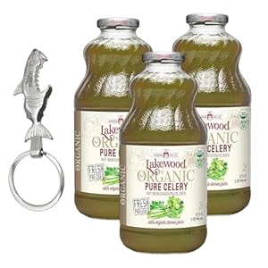 Lakewood Celery Juice with Pure Lemon Juice, 32 Oz, with Moofin Silver SS Bottle Opener Keychain, Fresh Pressed Juice, Pure & Nutrient-Rich, Ideal for Cleanse & Daily Wellness~ [Pack of 3]