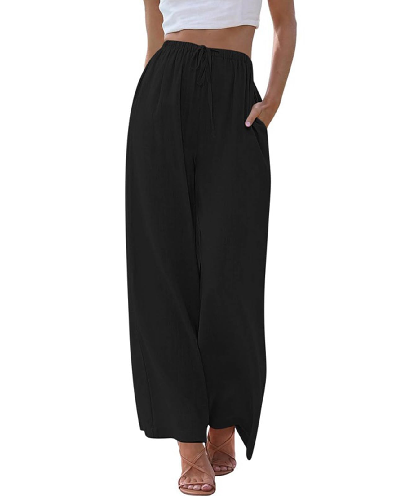 Vidifid Women's Linen Summer Palazzo Pants Casual Loose Flowy Wide Leg Beach Pants with Pockets