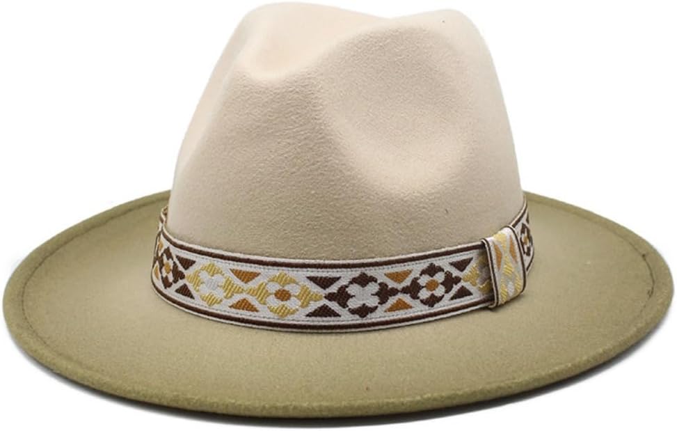 Wide Brim Fedora Hat with Geometric Pattern Band, Two-Tone Brown and Beige, Western Style