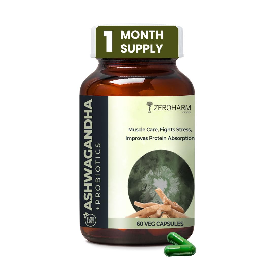 [BRSRMFIHDN5G2AA4] ZEROHARM Ashwagandha Probiotic Supplement | Prebiotics for Gut Health, Stress Balance, Muscle Support & Protein Absorption | 100 Billion CFU, Psyllium Husk | For Men & Women | 60 Veg Capsules