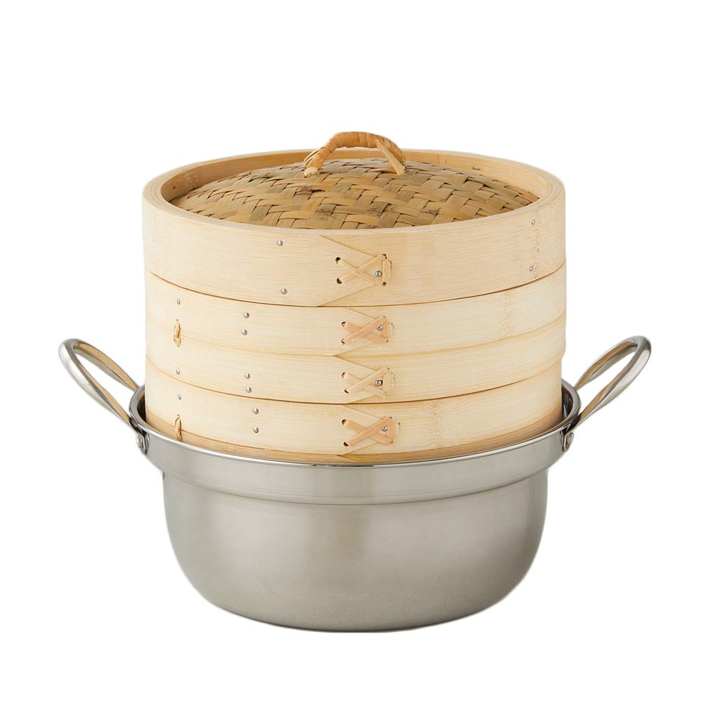 Amazon｜【かごや】竹 中華セイロ(蒸篭・蒸し器) 24cm ステンレス鍋付