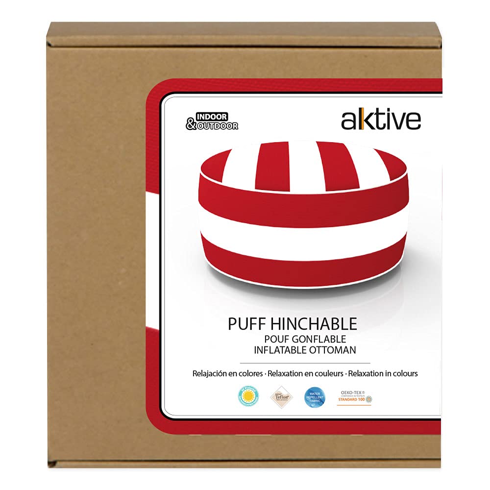 AKTIVE Pouf Gonflable, Pouf d'Extérieur, Repose-Pieds Gonflable, Ø53X23 cm, Motif Rayé Rouge, Tissu Imperméable, Supporte 100 kg, Mobilier de Jardin Extérieur