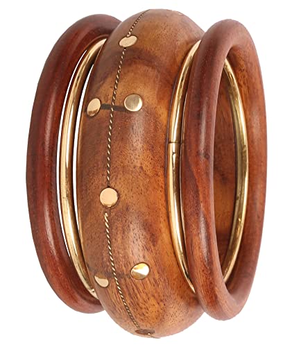 Image of Touchstone wood bracelets for women bangle wooden jewelry handmade artisan bangles natural handcrafted brown olive stylish chunky boho bohemian bracelet brass metal inlaid woods stackable