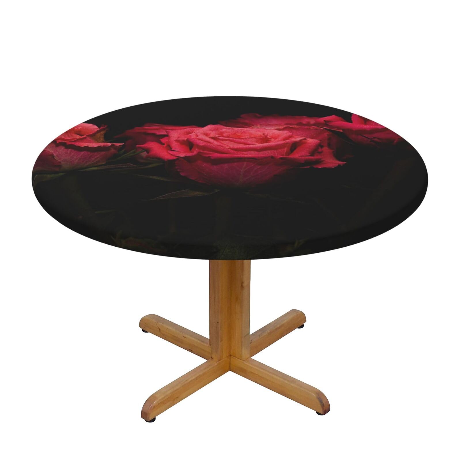 Ffshkowe Red Rose And Black Leaves Elastic Round Tablecloth Oil Proof Table Cover For Dining Party Picnic