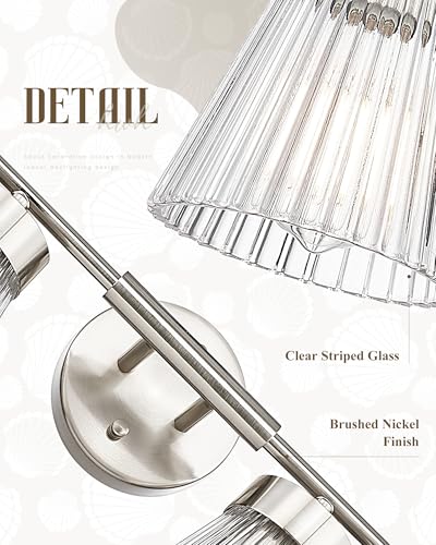 Image of 4-Light Bathroom Vanity Light Fixtures, HWH Brushed Nickel Bathroom Vanity Lighting Modern Vanity Light Over Mirror with Clear Striped Glass Shade, 5HZG97B-4W BN