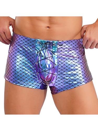 Jugaoge Men Lingerie Shiny Metallic Lace-up Front Pouch Boxer Shorts Swim Trunks Hot Pant Underpants4
