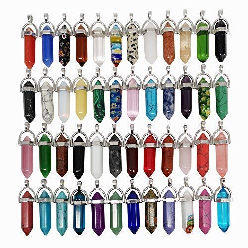 Chenkou Craft Assorted 40pcs Gemstone Bullet Shape Healing Pointed Chakra Beads Crystal Quartz Stone Charms Pendants for Necklace Jewelry Making Gift