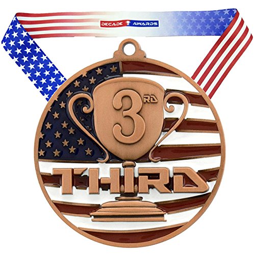 Decade Awards 3rd Place Patriotic Medal, Bronze - 2.75 Inch Wide Third Place Medallion with Stars and Stripes American Flag V Neck Ribbon
